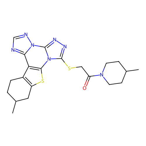 1-(4-methylpiperidin-1-yl)-2-[(11-methyl-10,11,12,13-tetrahydro[1]benzothieno[3,2-e]bis[1,2,4]triazolo[4,3-a:1',5'-c]pyrimidin-7-yl)sulfanyl]ethanone structure