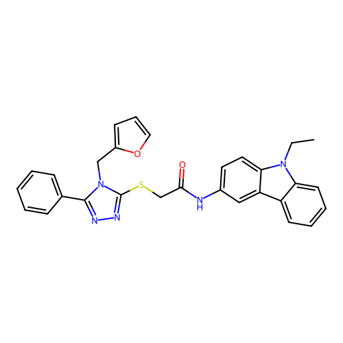 N-(9-ethyl-9H-carbazol-3-yl)-2-{[4-(furan-2-ylmethyl)-5-phenyl-4H-1,2,4-triazol-3-yl]sulfanyl}acetamide structure