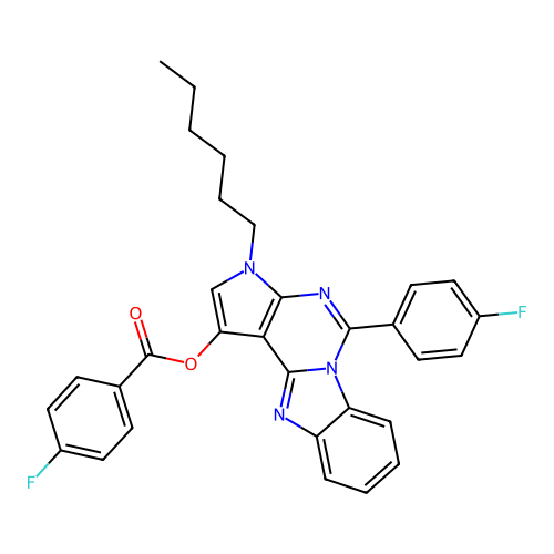 5-(4-fluorophenyl)-3-hexyl-3H-benzo[4,5]imidazo[1,2-c]pyrrolo[3,2-e]pyrimidin-1-yl 4-fluorobenzoate structure