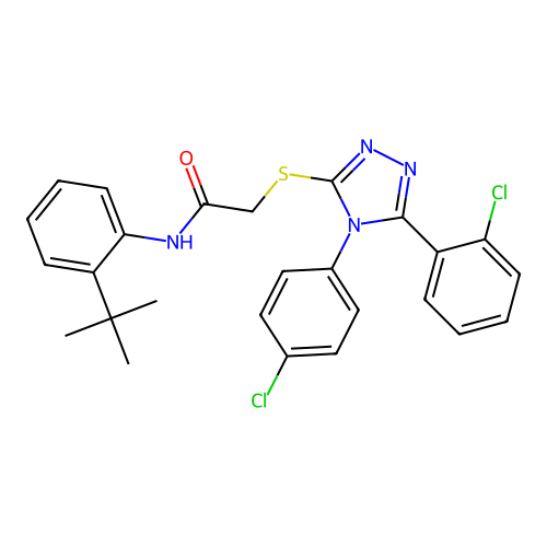 N-(2-tert-butylphenyl)-2-{[5-(2-chlorophenyl)-4-(4-chlorophenyl)-4H-1,2,4-triazol-3-yl]sulfanyl}acetamide structure
