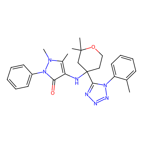 4-((2,2-dimethyl-4-(1-(o-tolyl)-1H-tetrazol-5-yl)tetrahydro-2H-pyran-4-yl)amino)-1,5-dimethyl-2-phenyl-1H-pyrazol-3(2H)-one structure
