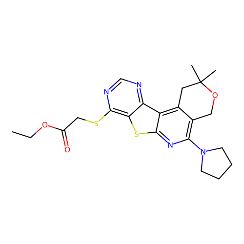 ethyl {[2,2-dimethyl-5-(pyrrolidin-1-yl)-1,4-dihydro-2H-pyrano[4'',3'':4',5']pyrido[3',2':4,5]thieno[3,2-d]pyrimidin-8-yl]sulfanyl}acetate structure