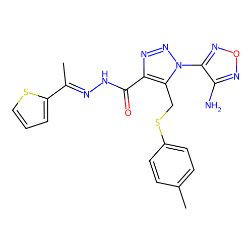 (E)-1-(4-amino-1,2,5-oxadiazol-3-yl)-N'-(1-(thiophen-2-yl)ethylidene)-5-((p-tolylthio)methyl)-1H-1,2,3-triazole-4-carbohydrazide structure