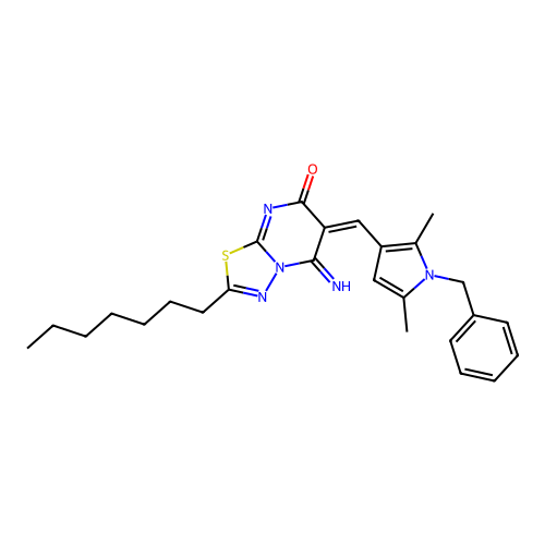 (6E)-6-[(1-benzyl-2,5-dimethyl-1H-pyrrol-3-yl)methylidene]-2-heptyl-5-imino-5,6-dihydro-7H-[1,3,4]thiadiazolo[3,2-a]pyrimidin-7-one structure