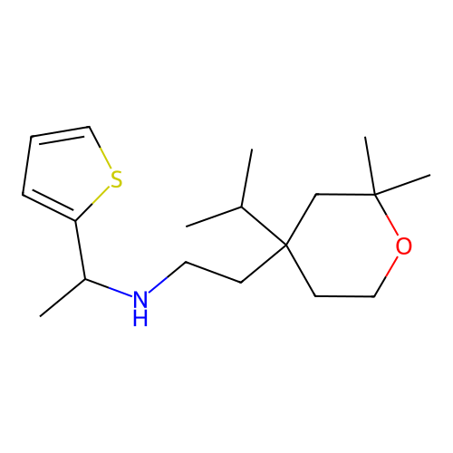 N-{2-[2,2-dimethyl-4-(propan-2-yl)tetrahydro-2H-pyran-4-yl]ethyl}-1-(thiophen-2-yl)ethanamine structure