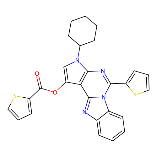 3-cyclohexyl-5-(thiophen-2-yl)-3H-benzo[4,5]imidazo[1,2-c]pyrrolo[3,2-e]pyrimidin-1-yl thiophene-2-carboxylate structure