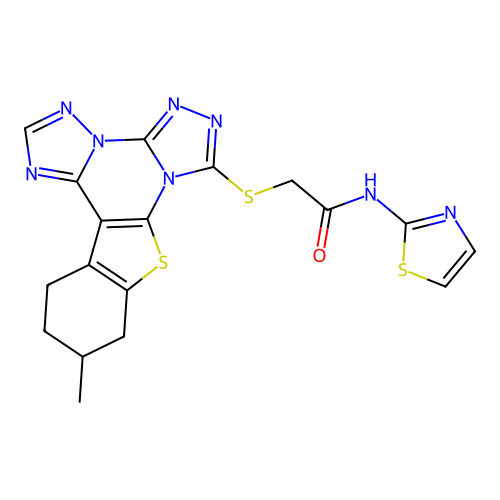 2-((11-methyl-10,11,12,13-tetrahydrobenzo[4,5]thieno[3,2-e]bis([1,2,4]triazolo)[4,3-a:1',5'-c]pyrimidin-7-yl)thio)-N-(thiazol-2-yl)acetamide structure
