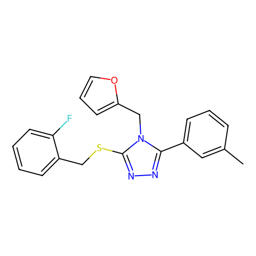 3-((2-fluorobenzyl)thio)-4-(furan-2-ylmethyl)-5-(m-tolyl)-4H-1,2,4-triazole structure