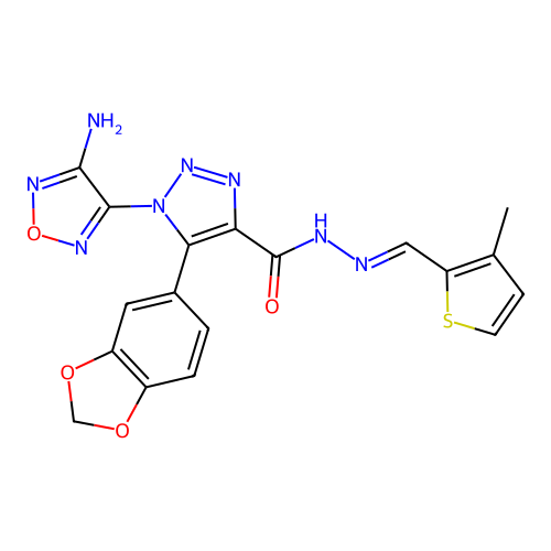 (E)-1-(4-amino-1,2,5-oxadiazol-3-yl)-5-(benzo[d][1,3]dioxol-5-yl)-N'-((3-methylthiophen-2-yl)methylene)-1H-1,2,3-triazole-4-carbohydrazide structure