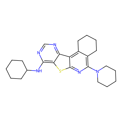N-cyclohexyl-5-(piperidin-1-yl)-1,2,3,4-tetrahydropyrimido[4',5':4,5]thieno[2,3-c]isoquinolin-8-amine structure