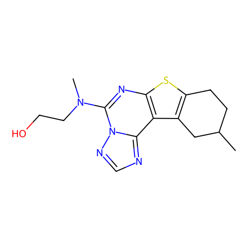 2-(methyl(10-methyl-8,9,10,11-tetrahydrobenzo[4,5]thieno[3,2-e][1,2,4]triazolo[1,5-c]pyrimidin-5-yl)amino)ethanol structure