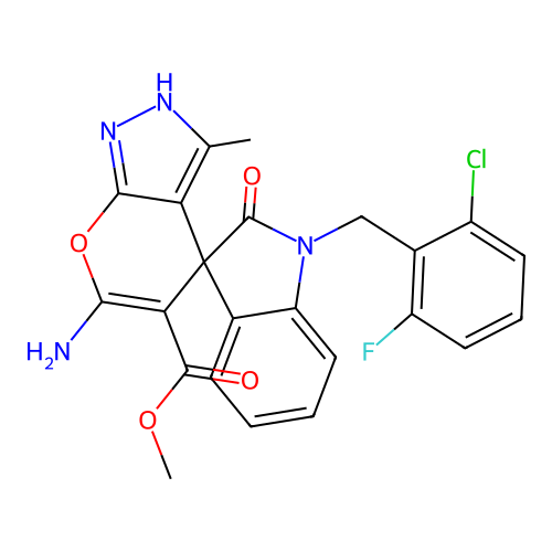 methyl 6'-amino-1-(2-chloro-6-fluorobenzyl)-3'-methyl-2-oxo-1,2-dihydro-1'H-spiro[indole-3,4'-pyrano[2,3-c]pyrazole]-5'-carboxylate structure