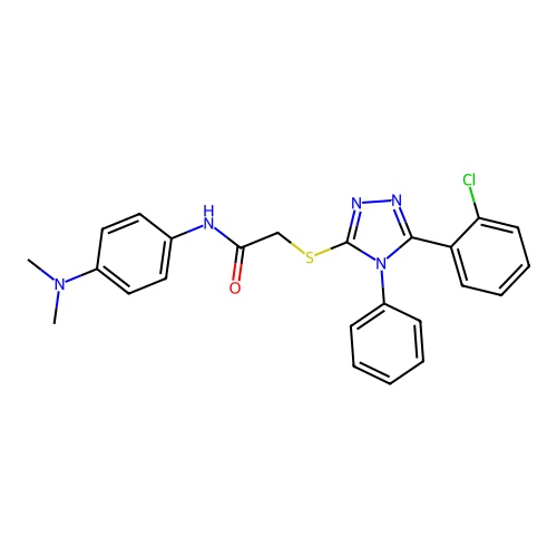 2-[[5-(2-chlorophenyl)-4-phenyl-1,2,4-triazol-3-yl]sulfanyl]-N-(4-dimethylaminophenyl)acetamide structure