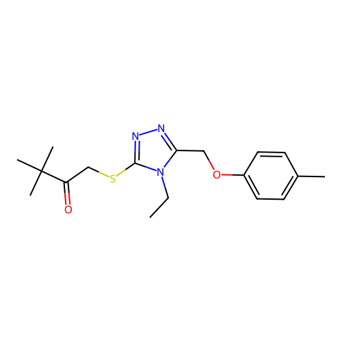 1-((4-ethyl-5-((p-tolyloxy)methyl)-4H-1,2,4-triazol-3-yl)thio)-3,3-dimethylbutan-2-one structure