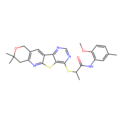 2-((8,8-dimethyl-8,10-dihydro-7H-pyrano[3'',4'':5',6']pyrido[3',2':4,5]thieno[3,2-d]pyrimidin-4-yl)thio)-N-(2-methoxy-5-methylphenyl)propanamide structure