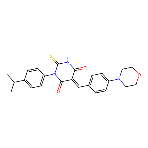 (5E)-5-[(4-morpholin-4-ylphenyl)methylidene]-1-(4-propan-2-ylphenyl)-2-sulfanylidene-1,3-diazinane-4,6-dione structure