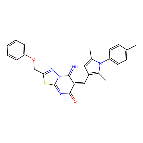 (E)-6-((2,5-dimethyl-1-(p-tolyl)-1H-pyrrol-3-yl)methylene)-5-imino-2-(phenoxymethyl)-5H-[1,3,4]thiadiazolo[3,2-a]pyrimidin-7(6H)-one structure