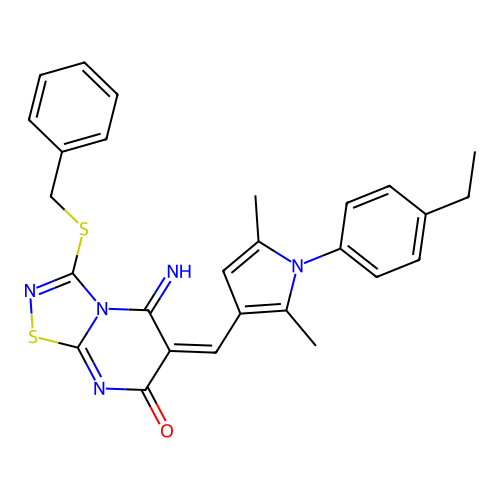 (E)-3-(benzylthio)-6-((1-(4-ethylphenyl)-2,5-dimethyl-1H-pyrrol-3-yl)methylene)-5-imino-5H-[1,2,4]thiadiazolo[4,5-a]pyrimidin-7(6H)-one structure