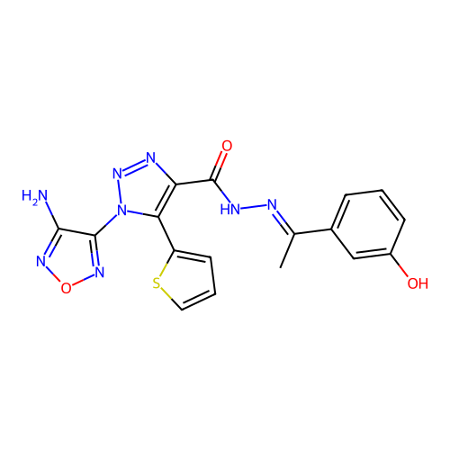 1-(4-amino-1,2,5-oxadiazol-3-yl)-N-[(E)-1-(3-hydroxyphenyl)ethylideneamino]-5-thiophen-2-yltriazole-4-carboxamide structure