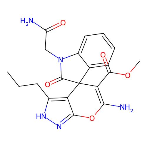 methyl 6'-amino-1-(2-amino-2-oxoethyl)-2-oxo-3'-propyl-1,2-dihydro-1'H-spiro[indole-3,4'-pyrano[2,3-c]pyrazole]-5'-carboxylate structure