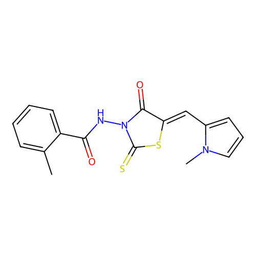 2-methyl-N-{(5Z)-5-[(1-methyl-1H-pyrrol-2-yl)methylidene]-4-oxo-2-thioxo-1,3-thiazolidin-3-yl}benzamide structure