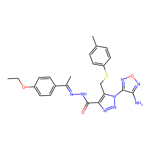 (E)-1-(4-amino-1,2,5-oxadiazol-3-yl)-N'-(1-(4-ethoxyphenyl)ethylidene)-5-((p-tolylthio)methyl)-1H-1,2,3-triazole-4-carbohydrazide structure
