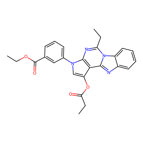 ethyl 3-(5-ethyl-1-(propionyloxy)-3H-benzo[4,5]imidazo[1,2-c]pyrrolo[3,2-e]pyrimidin-3-yl)benzoate structure