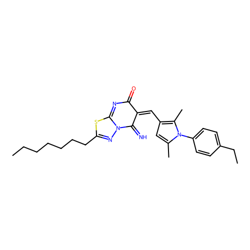 (E)-6-((1-(4-ethylphenyl)-2,5-dimethyl-1H-pyrrol-3-yl)methylene)-2-heptyl-5-imino-5H-[1,3,4]thiadiazolo[3,2-a]pyrimidin-7(6H)-one structure