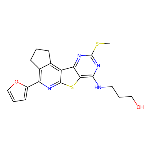 3-((4-(furan-2-yl)-9-(methylthio)-2,3-dihydro-1H-cyclopenta[4',5']pyrido[3',2':4,5]thieno[3,2-d]pyrimidin-7-yl)amino)propan-1-ol structure