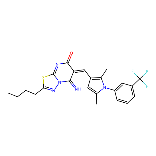 (6E)-2-butyl-6-[[2,5-dimethyl-1-[3-(trifluoromethyl)phenyl]pyrrol-3-yl]methylidene]-5-imino-[1,3,4]thiadiazolo[3,2-a]pyrimidin-7-one structure