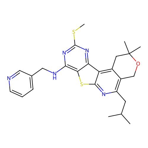 2,2-dimethyl-5-(2-methylpropyl)-10-(methylsulfanyl)-N-(pyridin-3-ylmethyl)-1,4-dihydro-2H-pyrano[4'',3'':4',5']pyrido[3',2':4,5]thieno[3,2-d]pyrimidin-8-amine structure