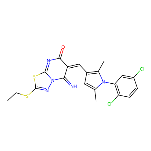 (6E)-6-[[1-(2,5-dichlorophenyl)-2,5-dimethylpyrrol-3-yl]methylidene]-2-ethylsulfanyl-5-imino-[1,3,4]thiadiazolo[3,2-a]pyrimidin-7-one structure
