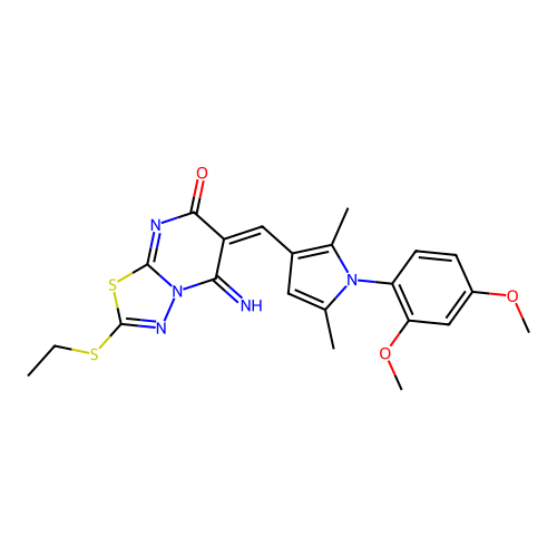(6E)-6-[[1-(2,4-dimethoxyphenyl)-2,5-dimethylpyrrol-3-yl]methylidene]-2-ethylsulfanyl-5-imino-[1,3,4]thiadiazolo[3,2-a]pyrimidin-7-one structure