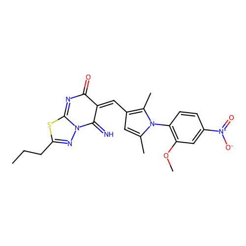 (6E)-5-imino-6-[[1-(2-methoxy-4-nitrophenyl)-2,5-dimethylpyrrol-3-yl]methylidene]-2-propyl-[1,3,4]thiadiazolo[3,2-a]pyrimidin-7-one structure