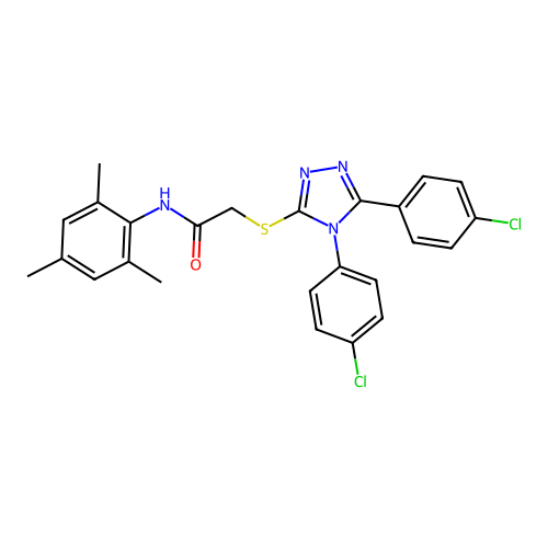 2-[[4,5-bis(4-chlorophenyl)-1,2,4-triazol-3-yl]sulfanyl]-N-(2,4,6-trimethylphenyl)acetamide structure