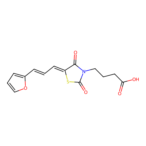 4-((Z)-5-((E)-3-(furan-2-yl)allylidene)-2,4-dioxothiazolidin-3-yl)butanoic acid structure