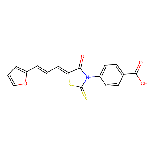 4-((Z)-5-((E)-3-(furan-2-yl)allylidene)-4-oxo-2-thioxothiazolidin-3-yl)benzoic acid structure