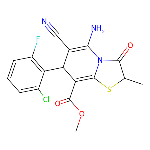 methyl 5-amino-7-(2-chloro-6-fluorophenyl)-6-cyano-2-methyl-3-oxo-2,3-dihydro-7H-[1,3]thiazolo[3,2-a]pyridine-8-carboxylate structure