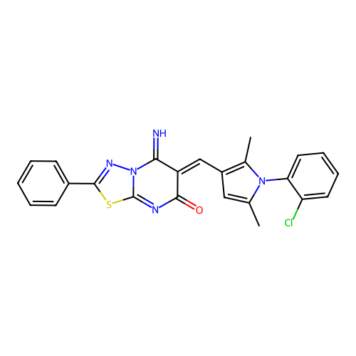 (6Z)-6-[[1-(2-chlorophenyl)-2,5-dimethylpyrrol-3-yl]methylidene]-5-imino-2-phenyl-[1,3,4]thiadiazolo[3,2-a]pyrimidin-7-one structure