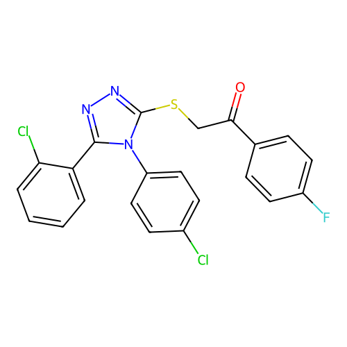 2-[[5-(2-chlorophenyl)-4-(4-chlorophenyl)-1,2,4-triazol-3-yl]sulfanyl]-1-(4-fluorophenyl)ethanone structure