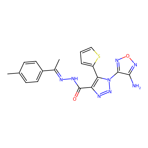 (E)-1-(4-amino-1,2,5-oxadiazol-3-yl)-5-(thiophen-2-yl)-N'-(1-(p-tolyl)ethylidene)-1H-1,2,3-triazole-4-carbohydrazide structure