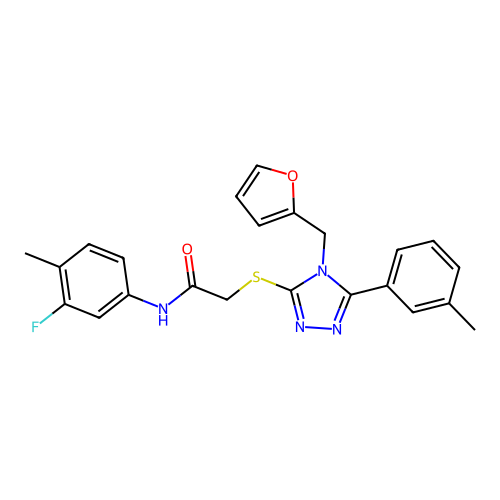 N-(3-fluoro-4-methylphenyl)-2-{[4-(furan-2-ylmethyl)-5-(3-methylphenyl)-4H-1,2,4-triazol-3-yl]sulfanyl}acetamide structure