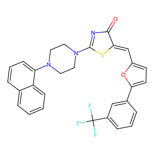 (5Z)-2-(4-naphthalen-1-ylpiperazin-1-yl)-5-[[5-[3-(trifluoromethyl)phenyl]furan-2-yl]methylidene]-1,3-thiazol-4-one structure