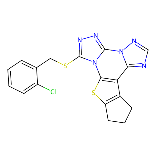 7-[(2-chlorobenzyl)sulfanyl]-11,12-dihydro-10H-cyclopenta[4,5]thieno[3,2-e]bis[1,2,4]triazolo[4,3-a:1',5'-c]pyrimidine structure