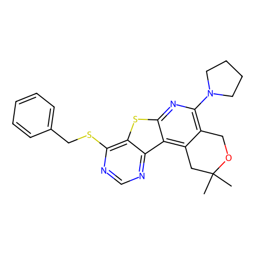 8-(benzylsulfanyl)-2,2-dimethyl-5-(pyrrolidin-1-yl)-1,4-dihydro-2H-pyrano[4'',3'':4',5']pyrido[3',2':4,5]thieno[3,2-d]pyrimidine structure