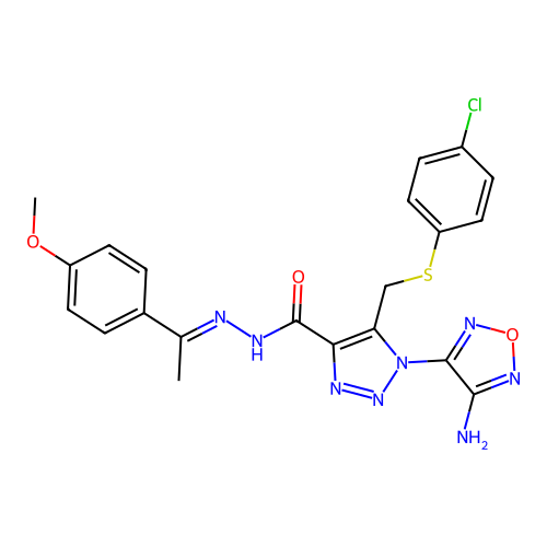 (E)-1-(4-amino-1,2,5-oxadiazol-3-yl)-5-(((4-chlorophenyl)thio)methyl)-N'-(1-(4-methoxyphenyl)ethylidene)-1H-1,2,3-triazole-4-carbohydrazide structure