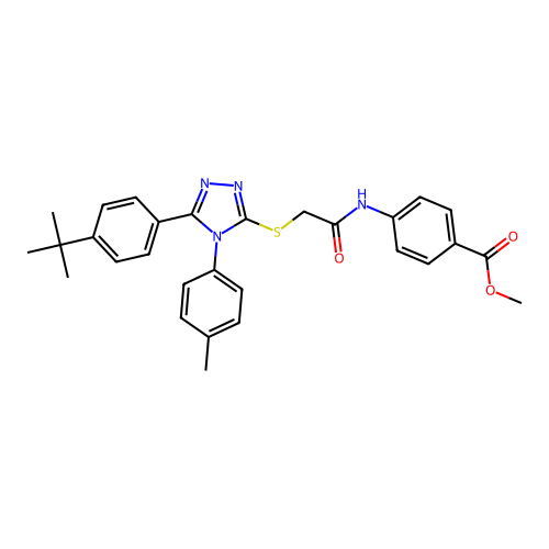 methyl 4-(2-((5-(4-(tert-butyl)phenyl)-4-(p-tolyl)-4H-1,2,4-triazol-3-yl)thio)acetamido)benzoate structure