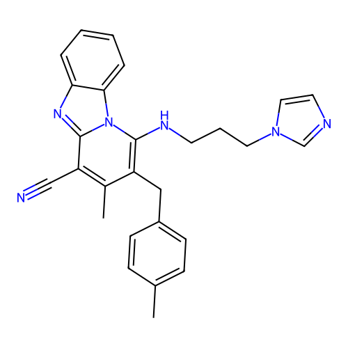 1-((3-(1H-imidazol-1-yl)propyl)amino)-3-methyl-2-(4-methylbenzyl)benzo[4,5]imidazo[1,2-a]pyridine-4-carbonitrile structure