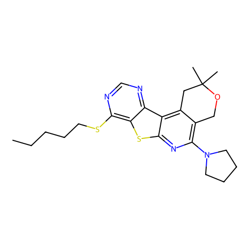 2,2-dimethyl-8-(pentylsulfanyl)-5-(pyrrolidin-1-yl)-1,4-dihydro-2H-pyrano[4'',3'':4',5']pyrido[3',2':4,5]thieno[3,2-d]pyrimidine structure