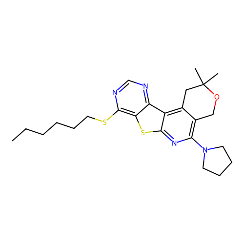 8-(hexylsulfanyl)-2,2-dimethyl-5-(pyrrolidin-1-yl)-1,4-dihydro-2H-pyrano[4'',3'':4',5']pyrido[3',2':4,5]thieno[3,2-d]pyrimidine structure